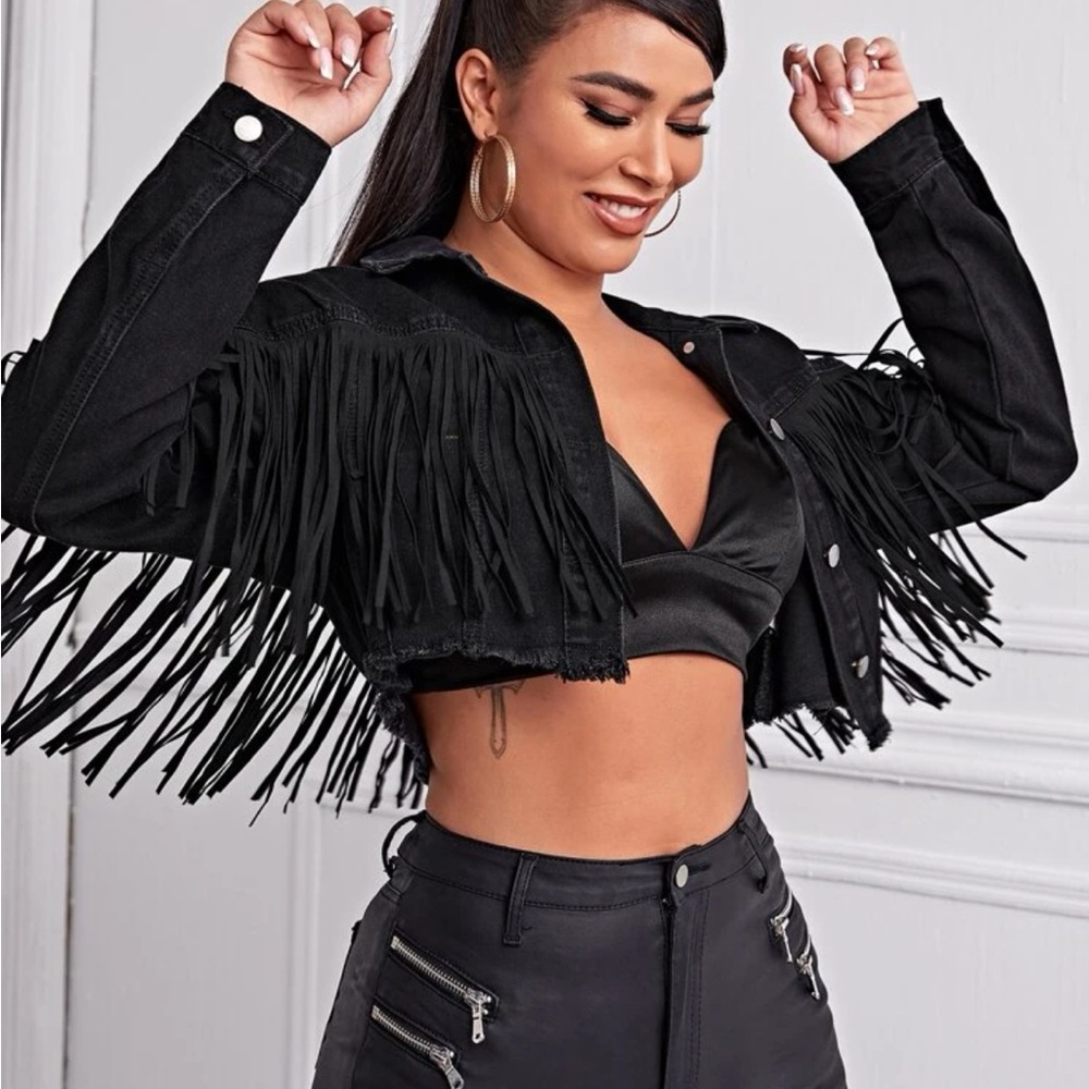 Black fringe crop Jean jacket